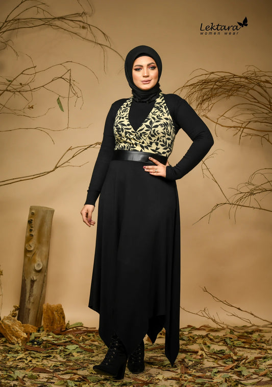 Black long sleeve wool dress styled for winter modest elegance