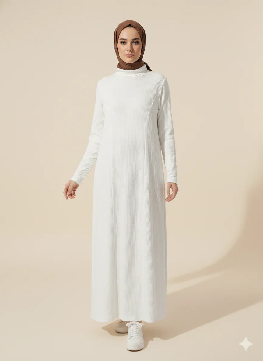 comfortable modest dress with closed neck and long sleeves, full-length view
