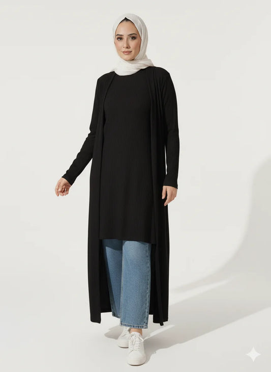 Women’s modest high rib knitted black cardigan with long sleeves – Lektara