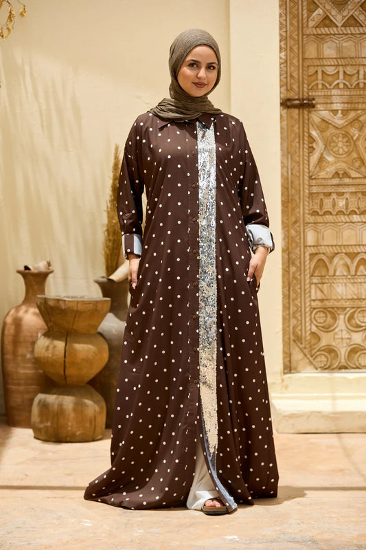 Brown polka dot maxi shirt dress with a sequin front panel, full-length front view