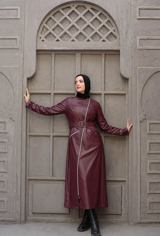 Burgundy crocodile-effect coat dress — full front view with arms extended
