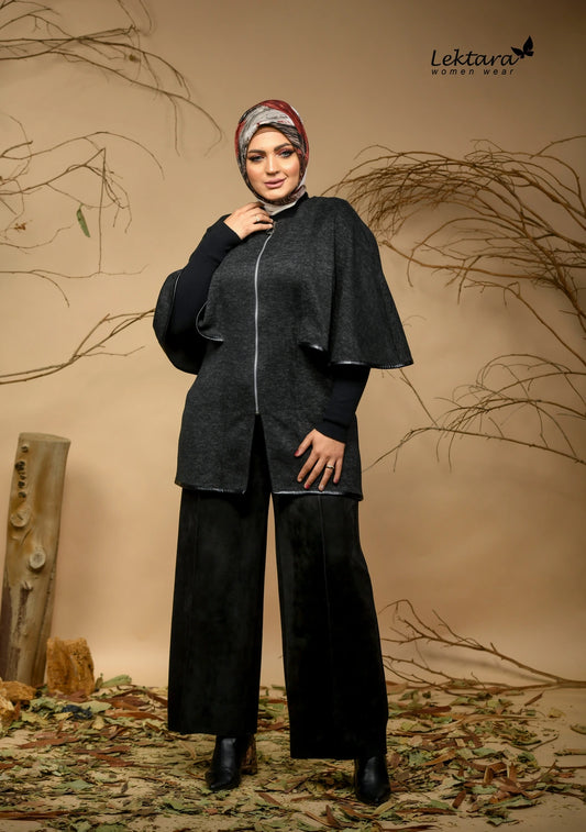 Wool lycra jacket with cape-style butterfly sleeves and full front zipper, mid-length modest fit
