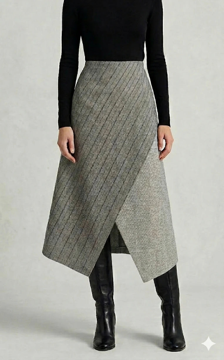 Structured wool asymmetrical midi skirt with diagonal two-panel design