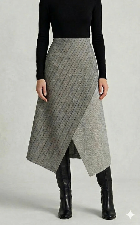 Structured wool asymmetrical midi skirt with diagonal two-panel design