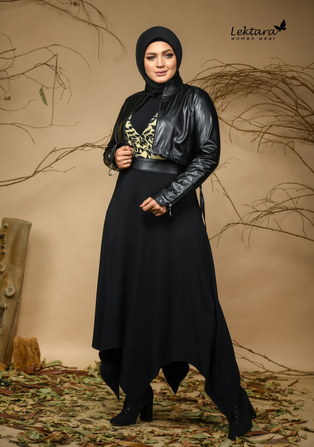 Black wool modest dress styled for evening gatherings front view
