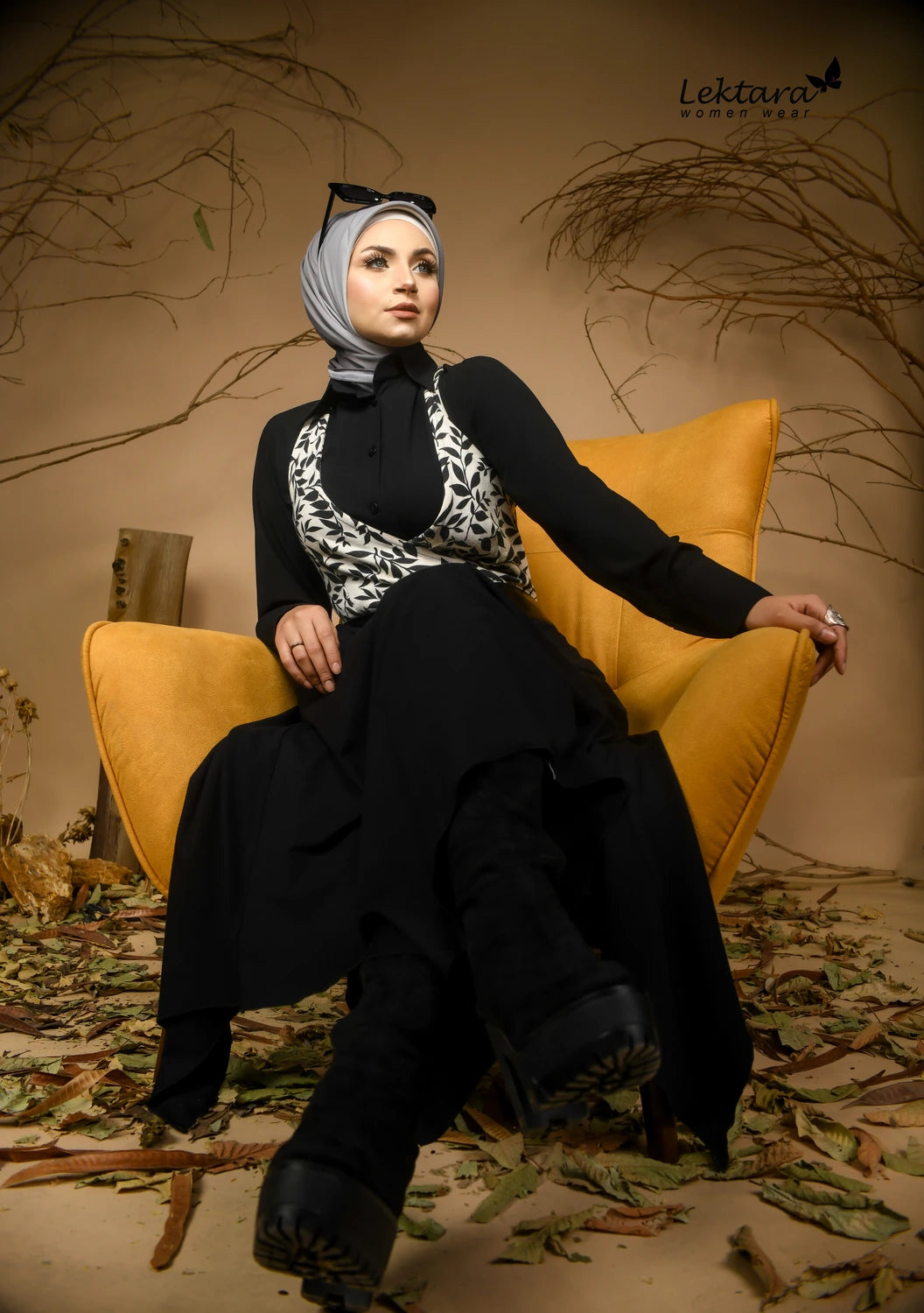Black wool modest dress styled for evening gatherings