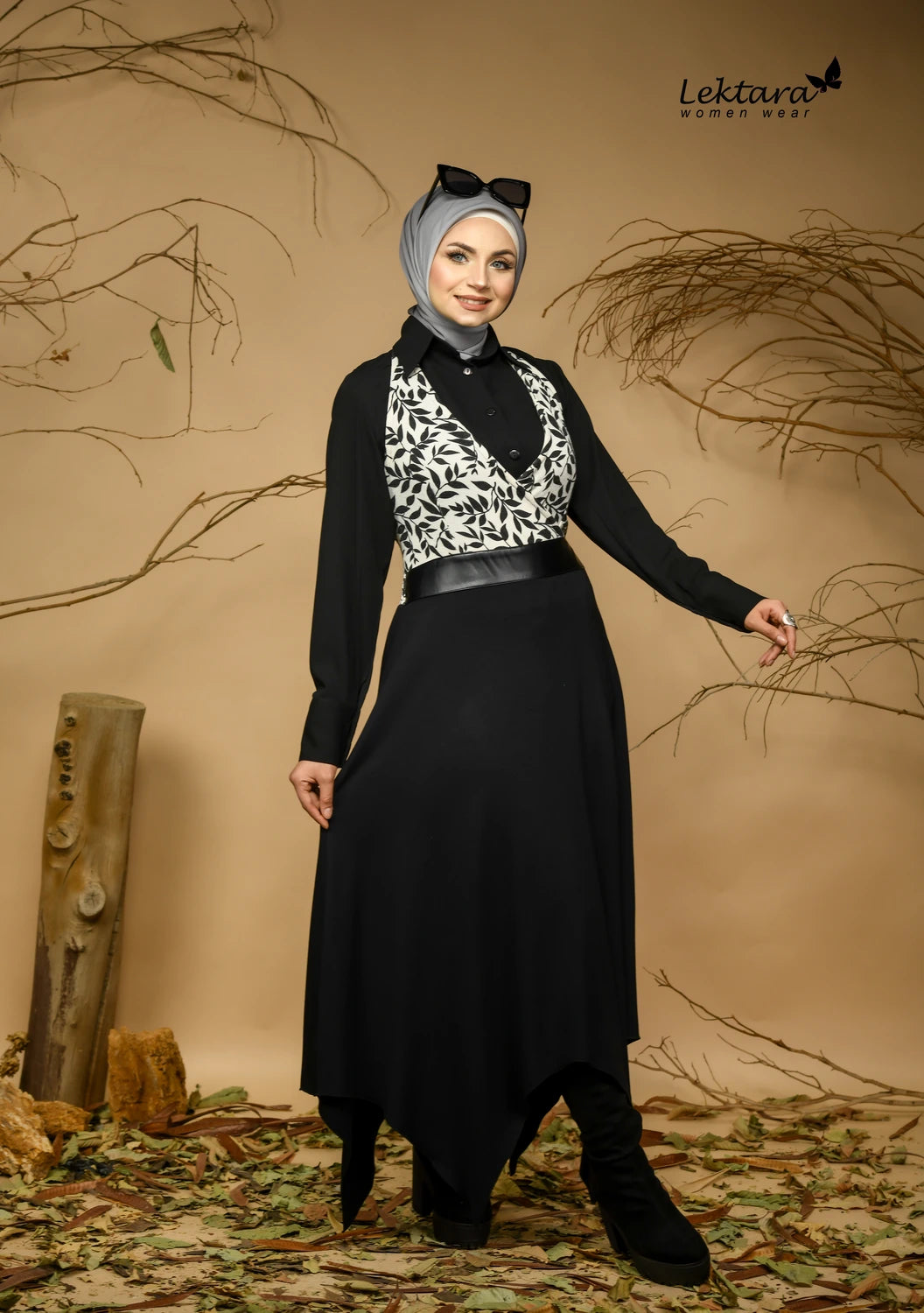 Winter modest dress with fitted upper section and flared skirt