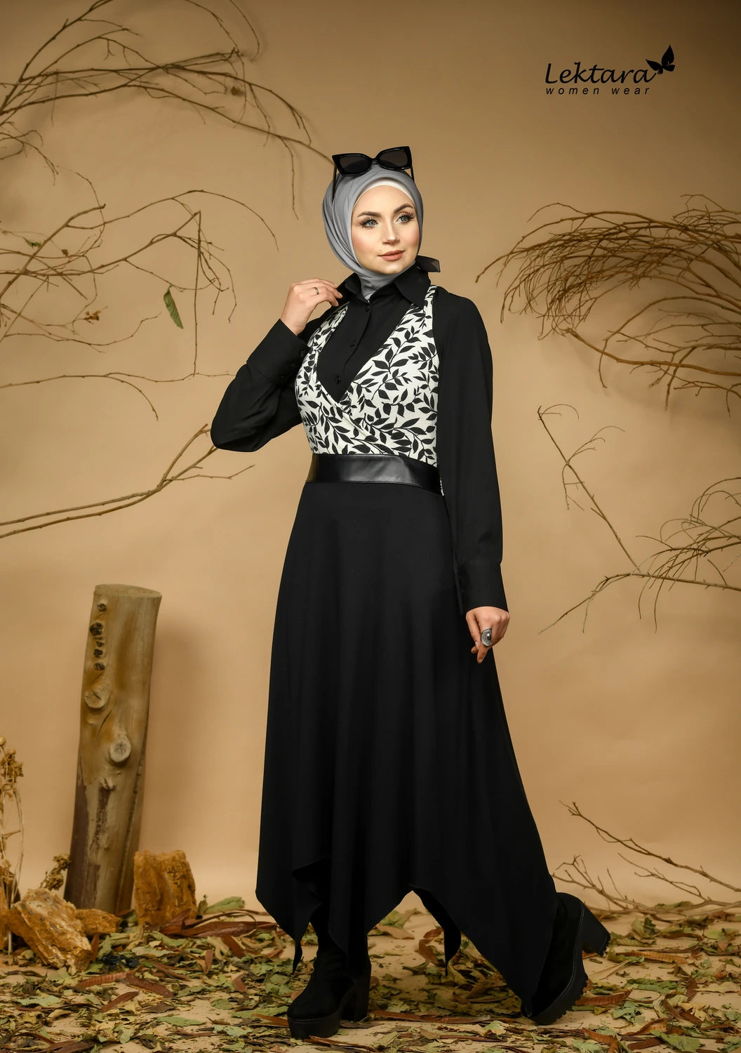 Full coverage winter wool dress for refined modest styling
