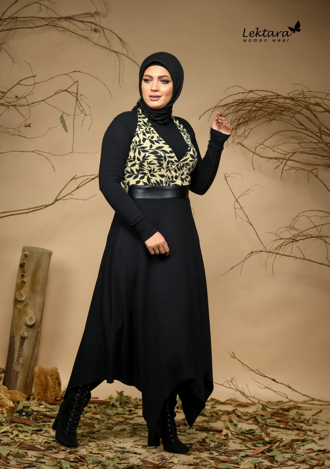 Modest full-length dress with embellished front detail and clean lines