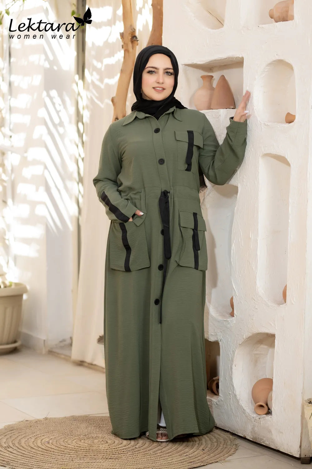 Olive green modest maxi dress with button-front detail, long sleeves and relaxed fit for casual everyday styling