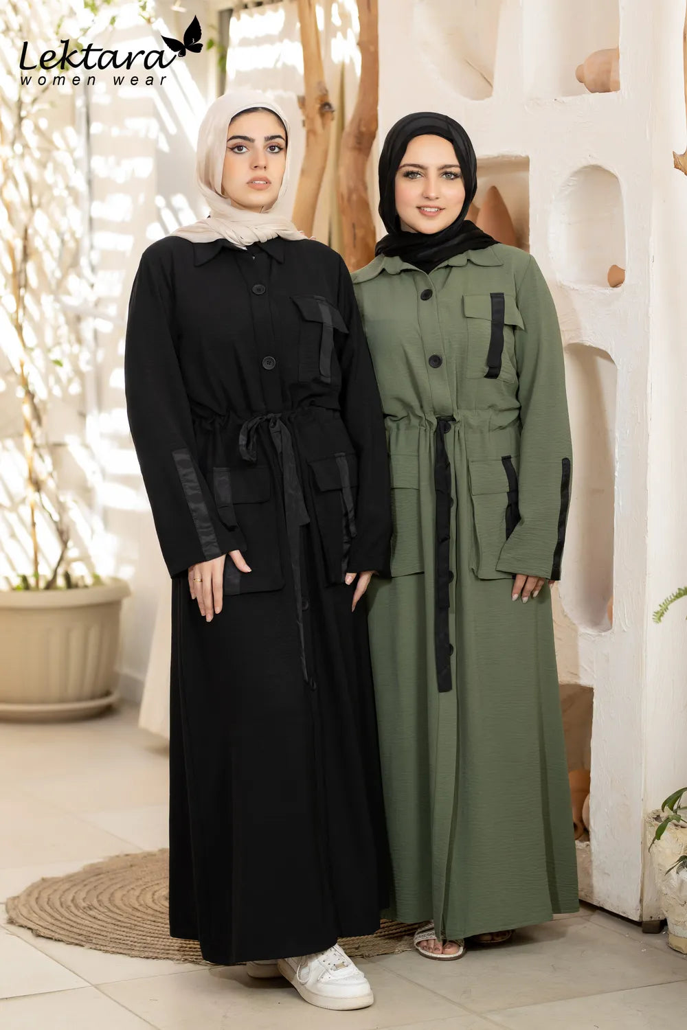 Black and olive green modest maxi dresses styled together, full coverage design with button-front and relaxed fit