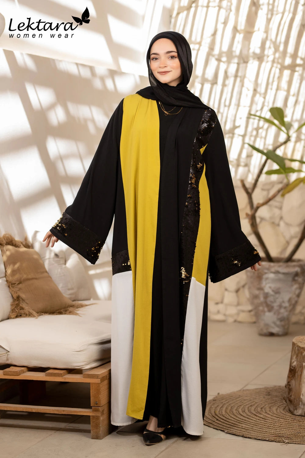 Long Crepe Kaftan with Sequin Detail