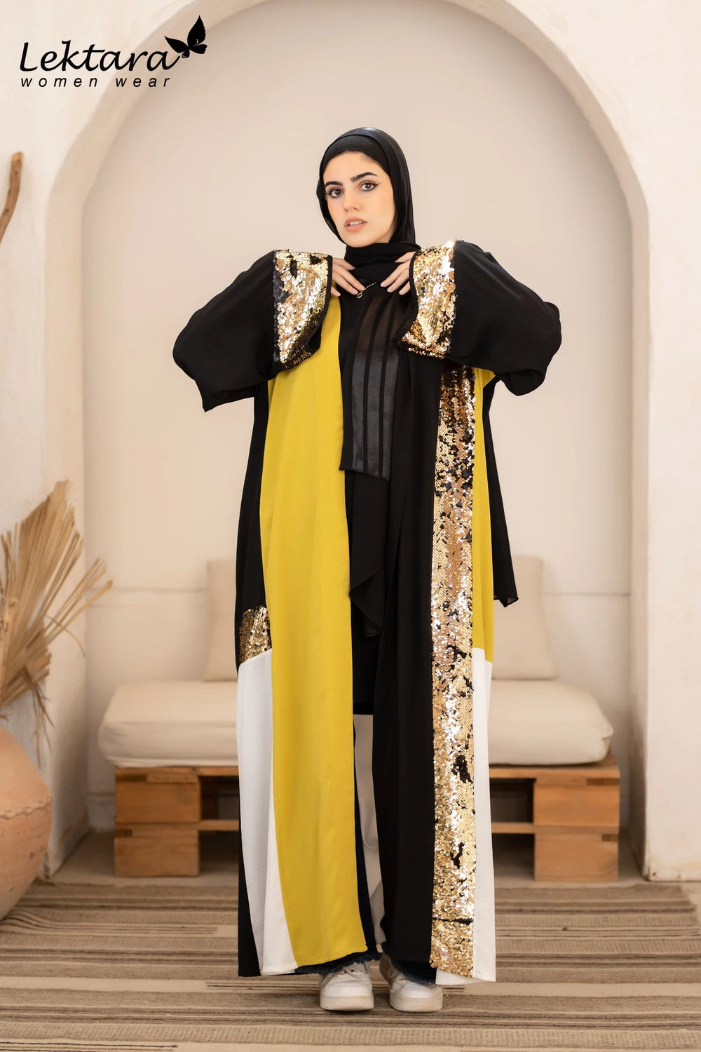 Long Crepe Kaftan with Sequin Detail