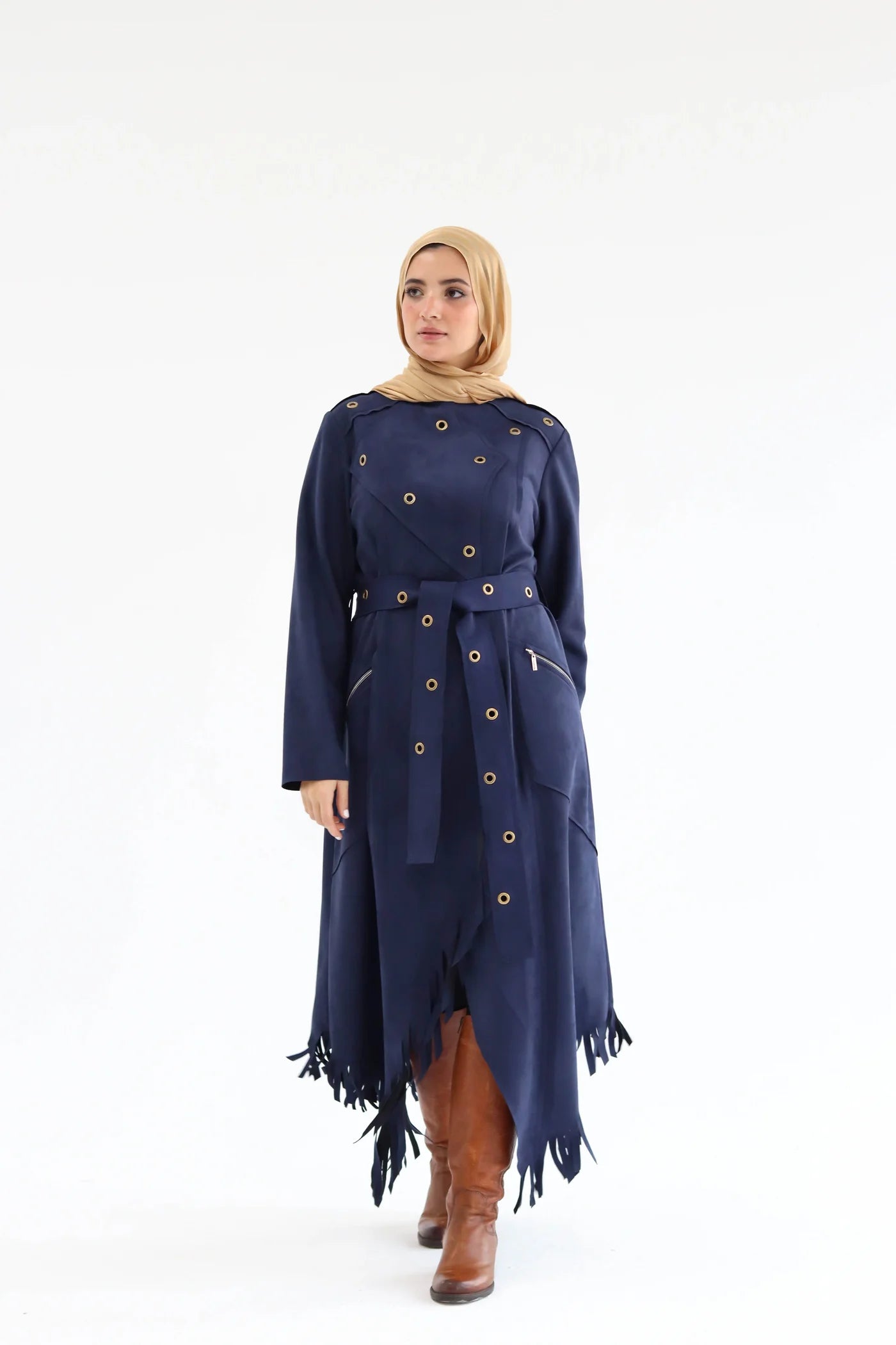 Navy blue cowboy dress full-length front view with long sleeves 
