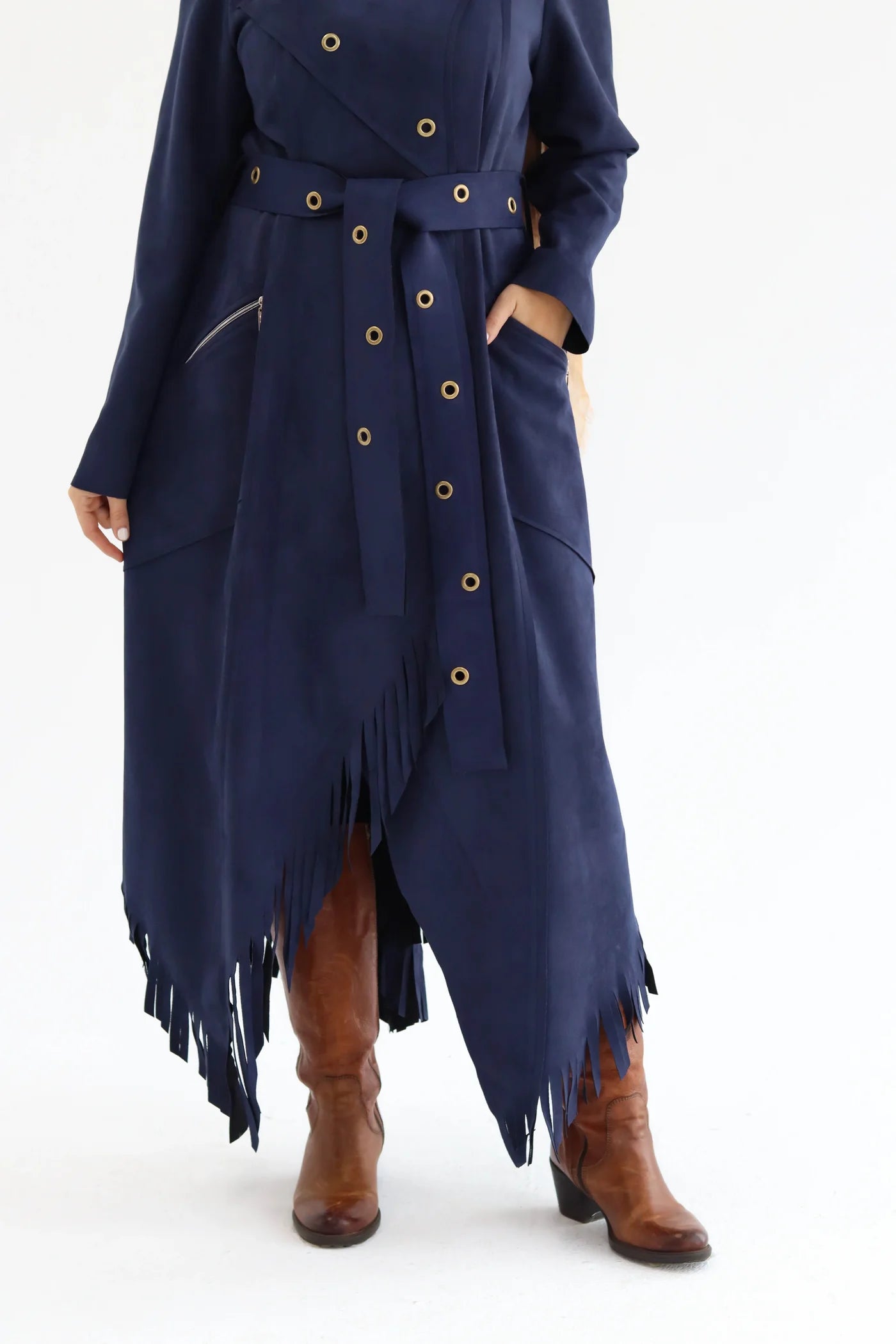 Navy blue cowboy dress styled with boots for elegant western-inspired look