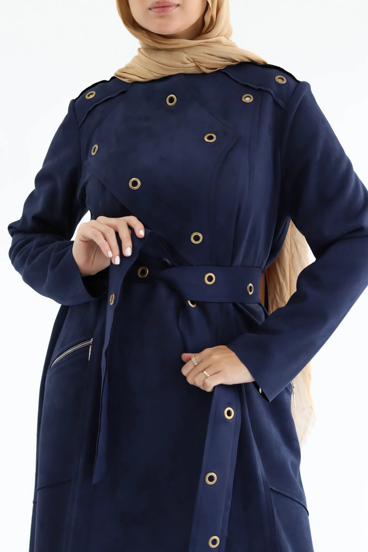 Navy blue cowboy dress close-up detail of front fastening and design