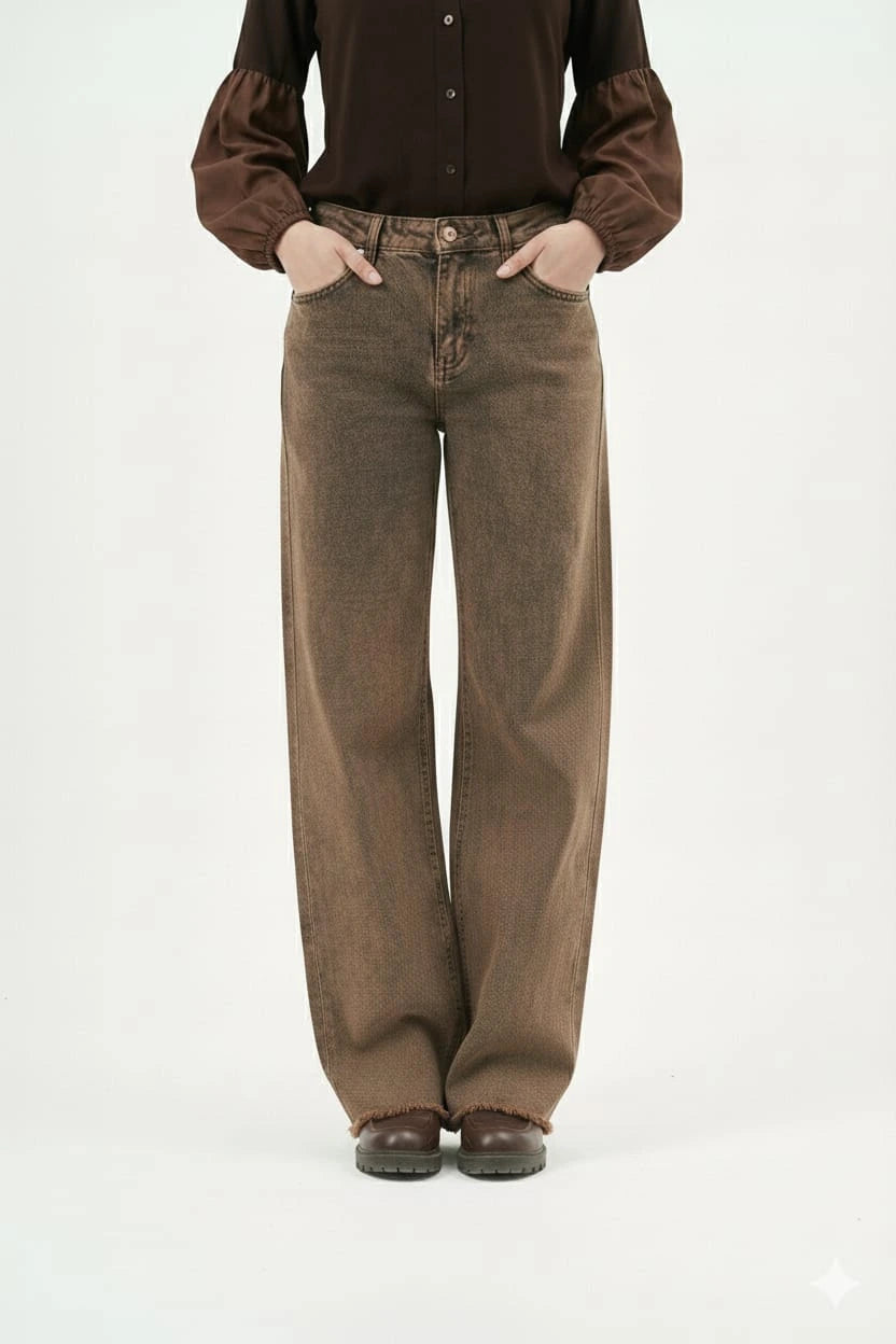 Wide leg high-waist denim jeans with relaxed modest silhouette and structured drape