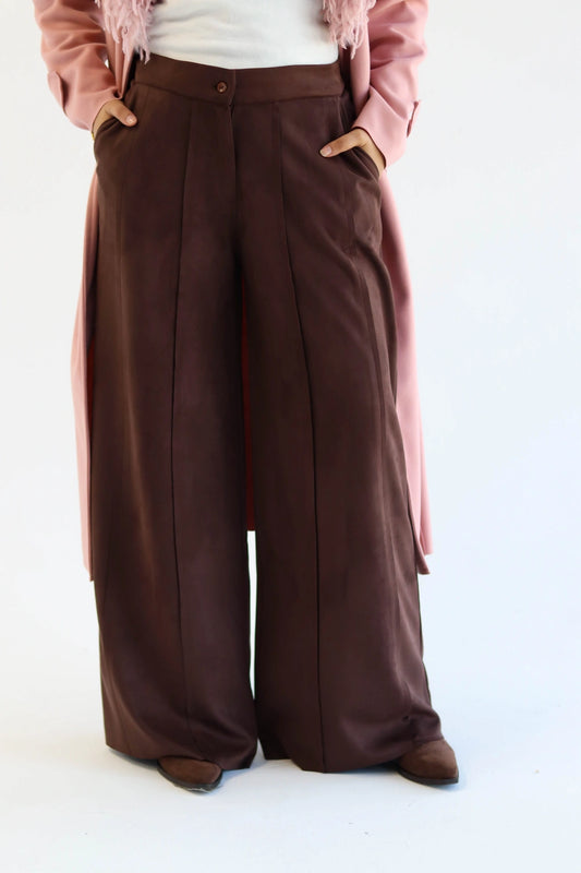 Wide leg suede pants in brown, front view on model