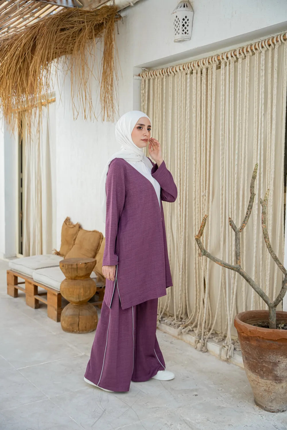 Side view of everyday women’s modest set with relaxed fit top and straight pants