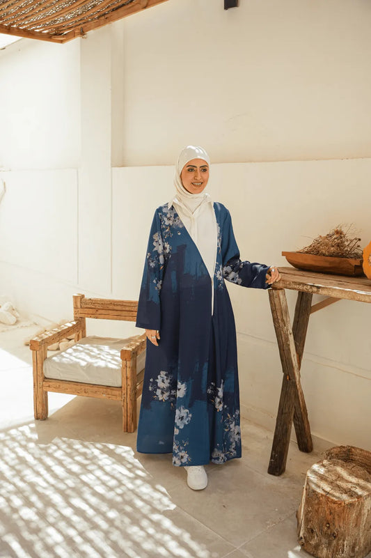Floral border maxi dress in navy color, elegant everyday styling view