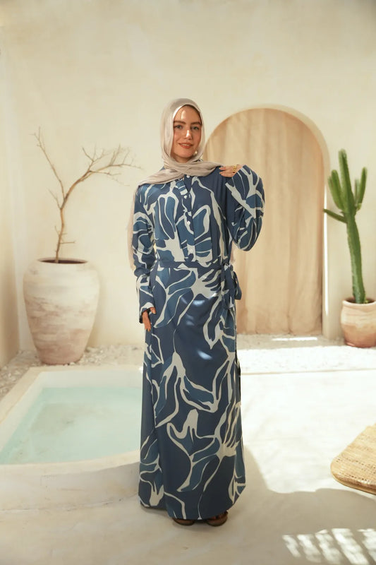 Blue printed maxi dress, single model standing full-length