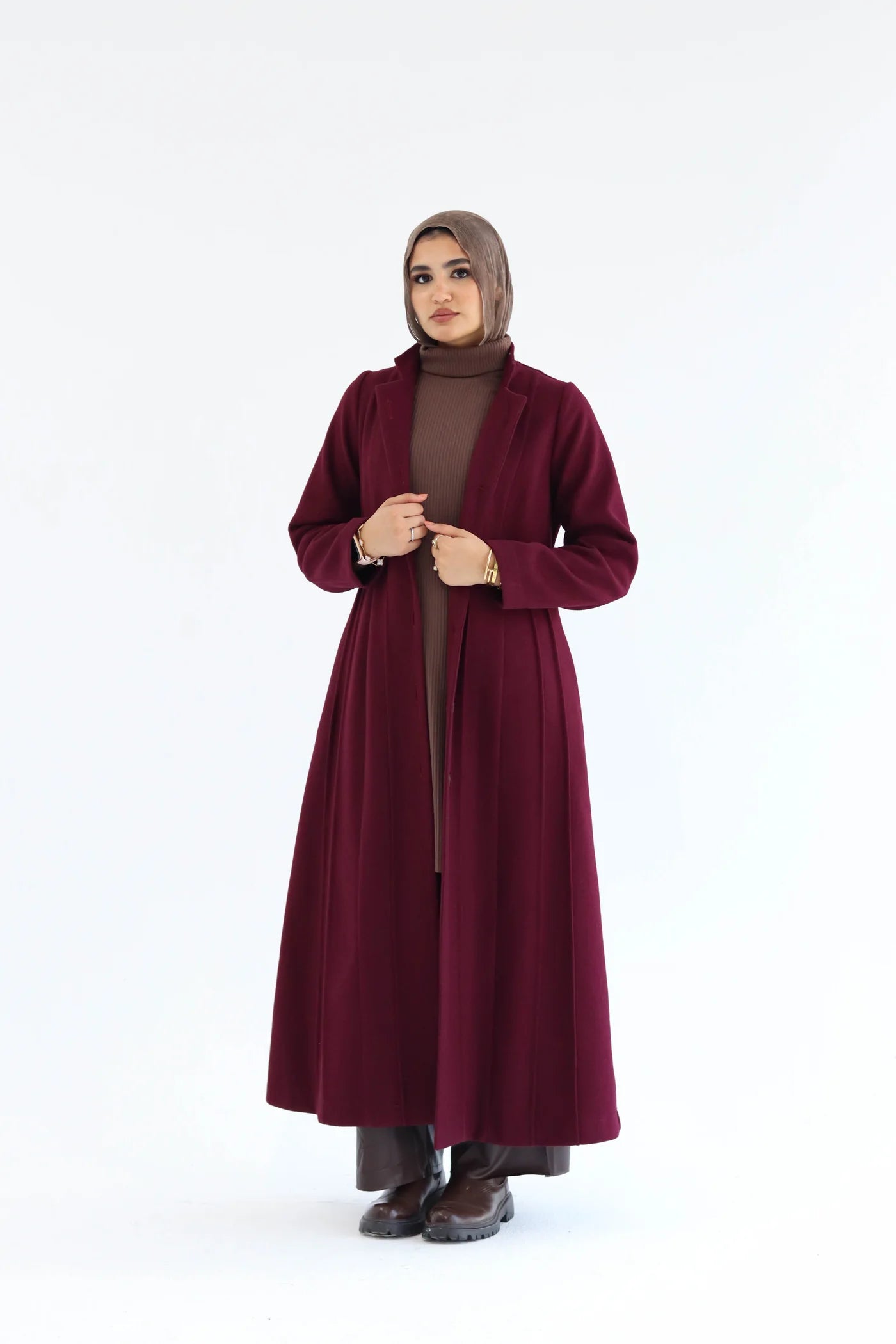 Women’s modest elegant long coat – burgundy lycra wool – front view on model