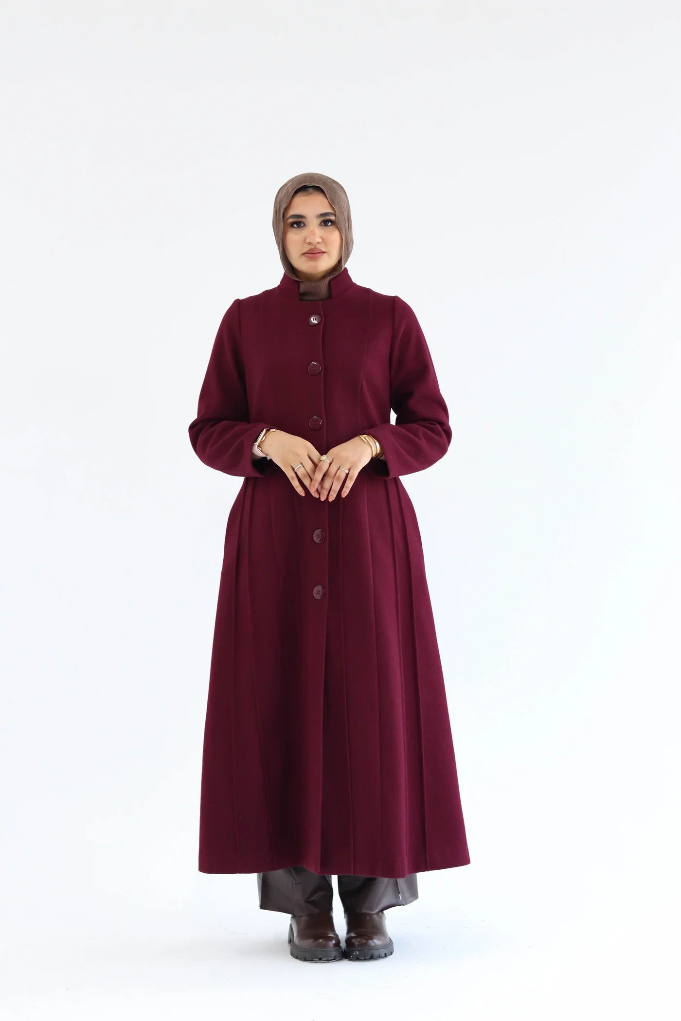 Women’s modest elegant long coat – burgundy lycra wool – front view on model