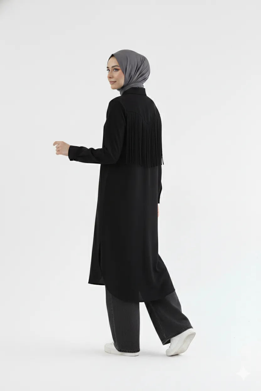 Black long elegant shirt back view with fringe yoke, modest silhouette