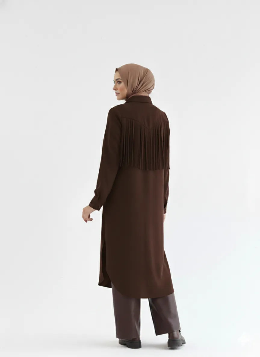 Brown long elegant shirt back view with fringe yoke, modest silhouette