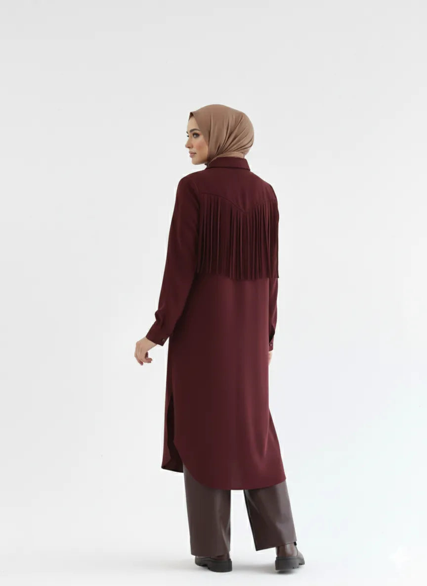 Burgundy long elegant shirt back view with fringe yoke, modest styling
