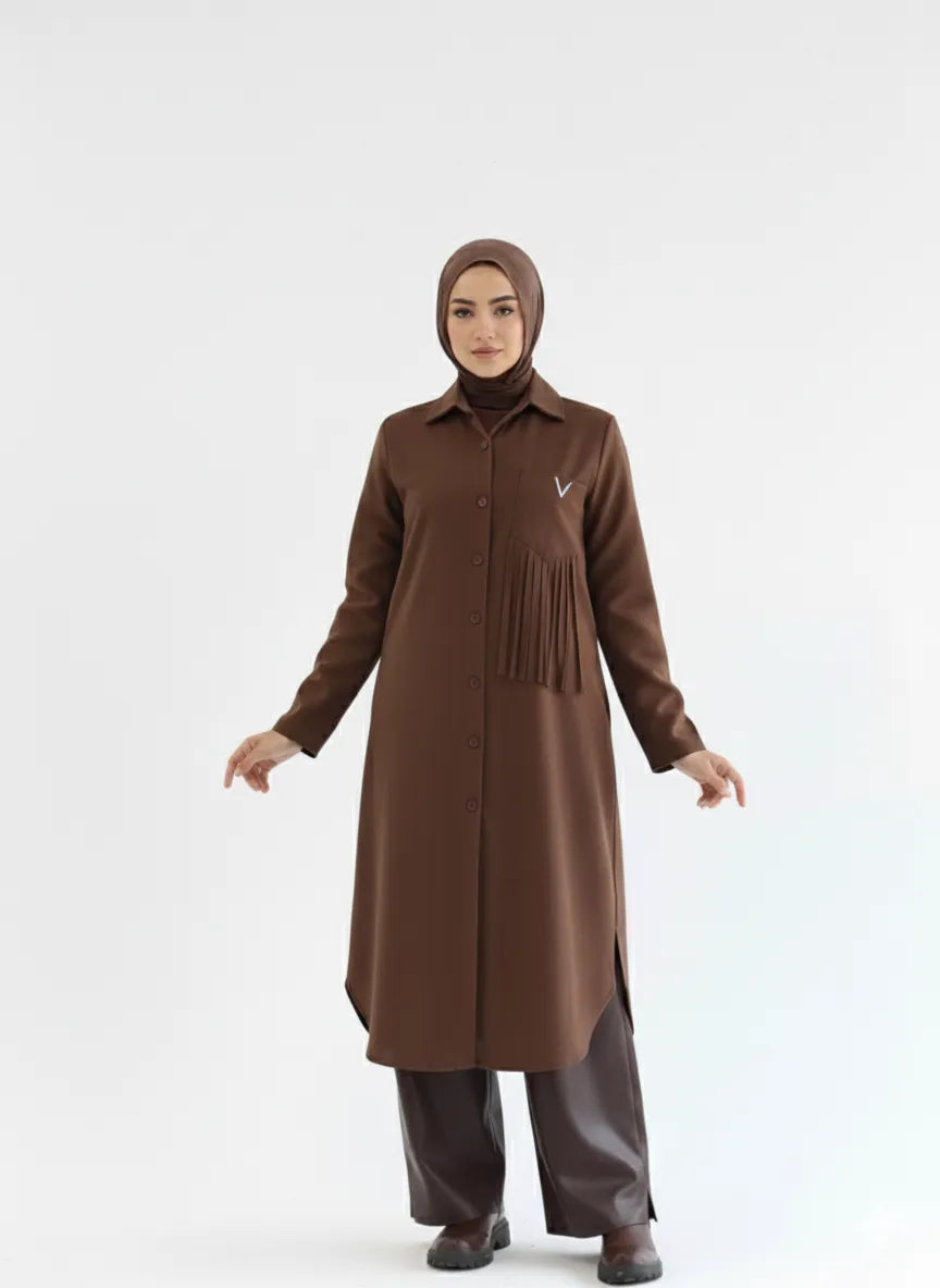 Brown long elegant shirt front view button-up, long length modest look