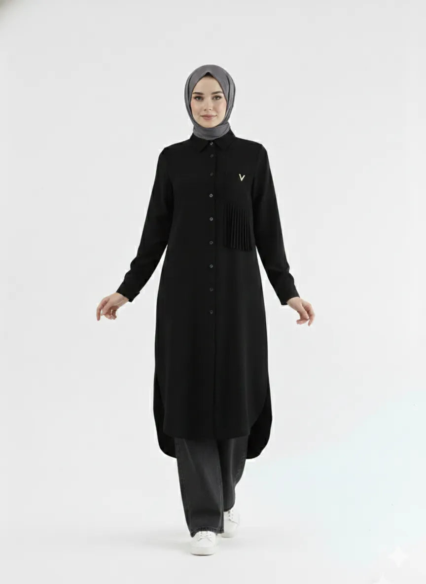 Black long elegant shirt front view button-up, long length modest look