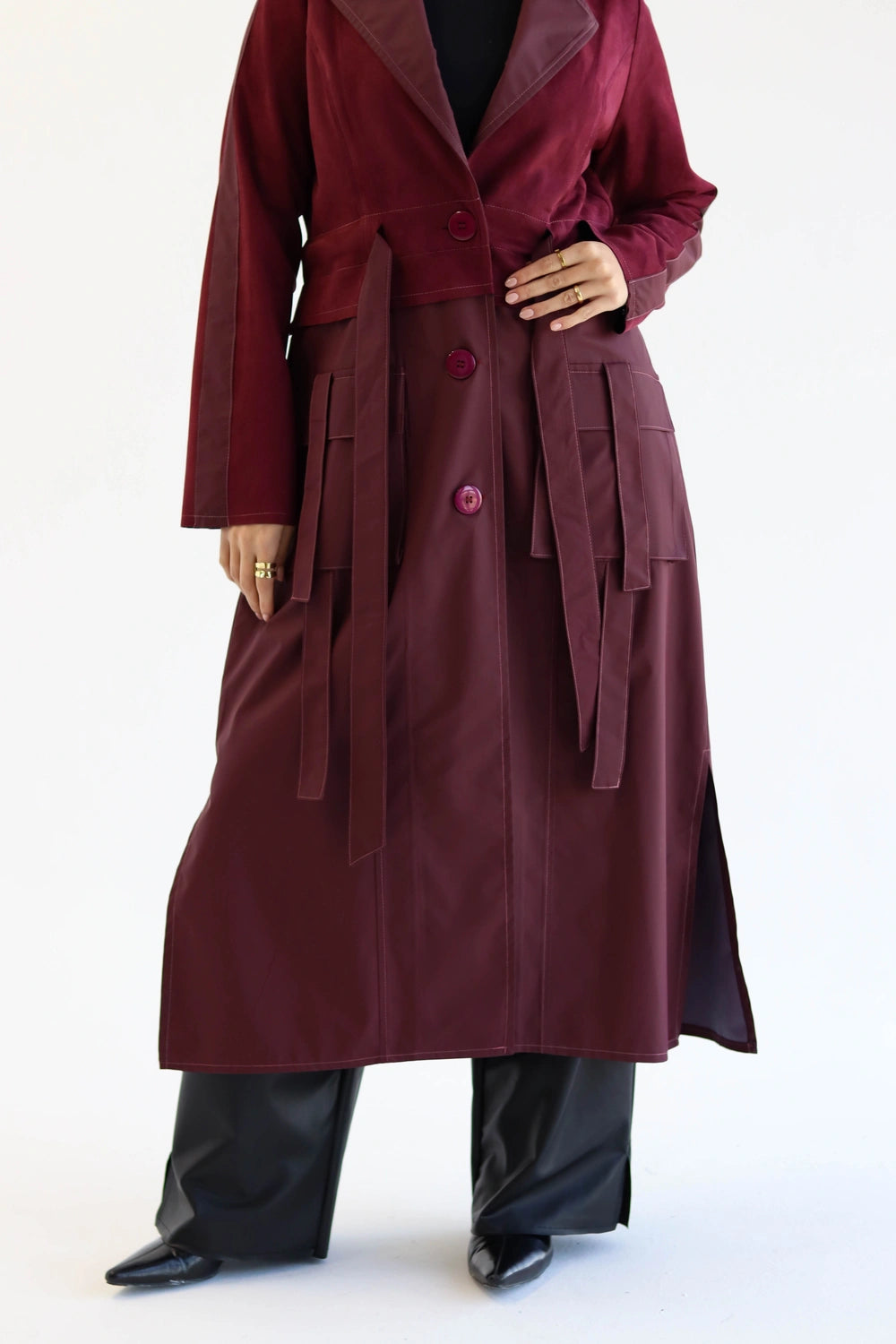  Waterproof Long suede trench coat with waterproof finish styled for modest winter layering 