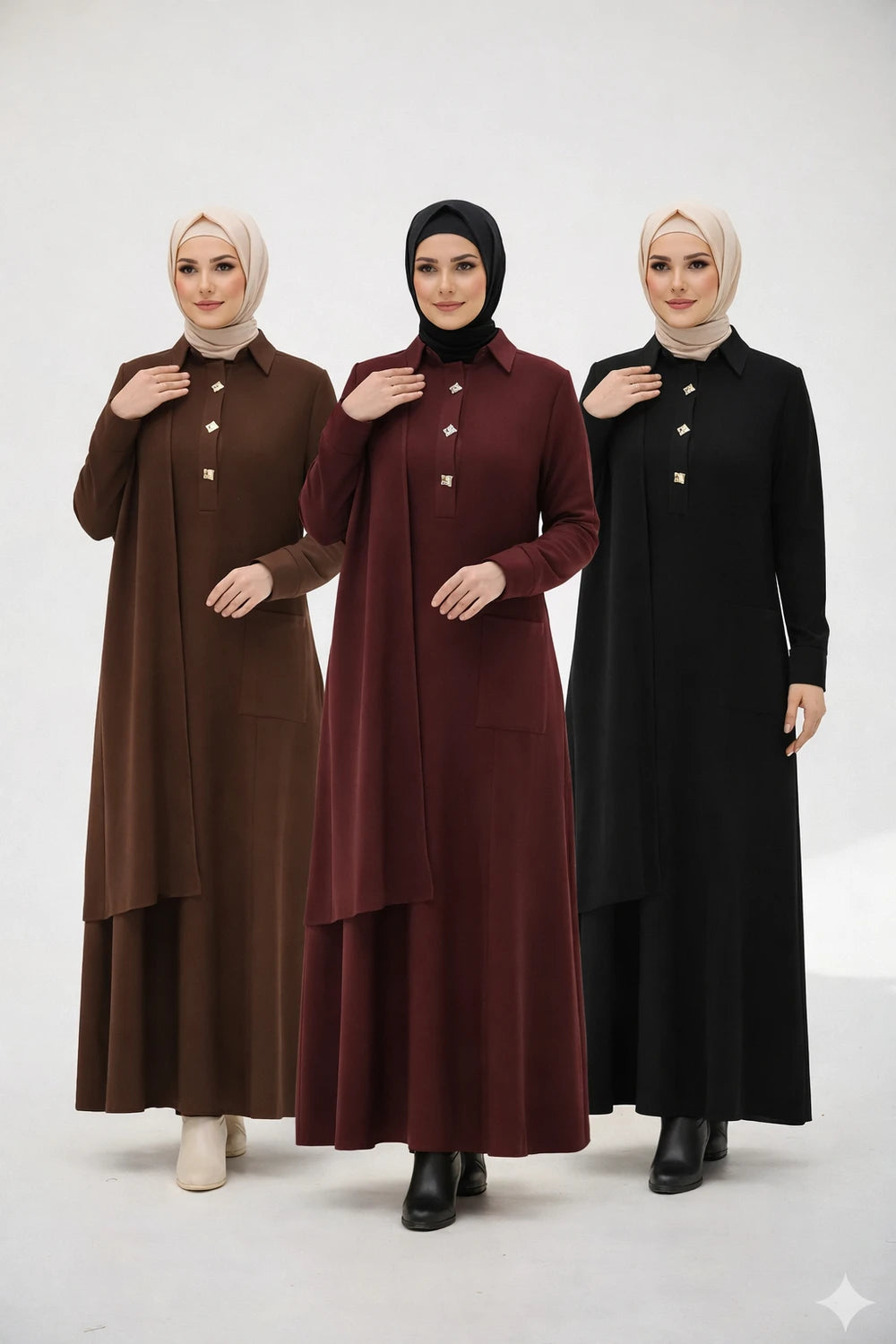 Three women  in a hijab wearing long, button-up dresses in brown, maroon, and black on a white background.