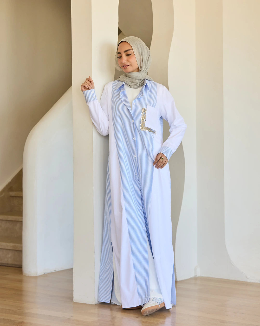 Plain & Striped Poplin Shirt Dress