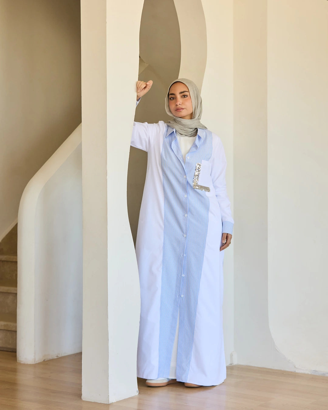 Plain & Striped Poplin Shirt Dress