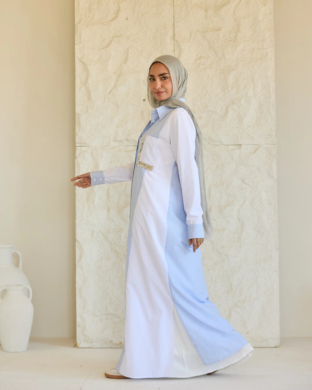 Plain & Striped Poplin Shirt Dress