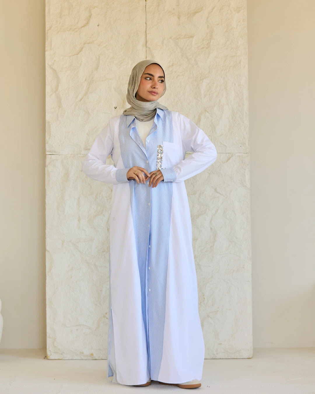 Plain & Striped Poplin Shirt Dress