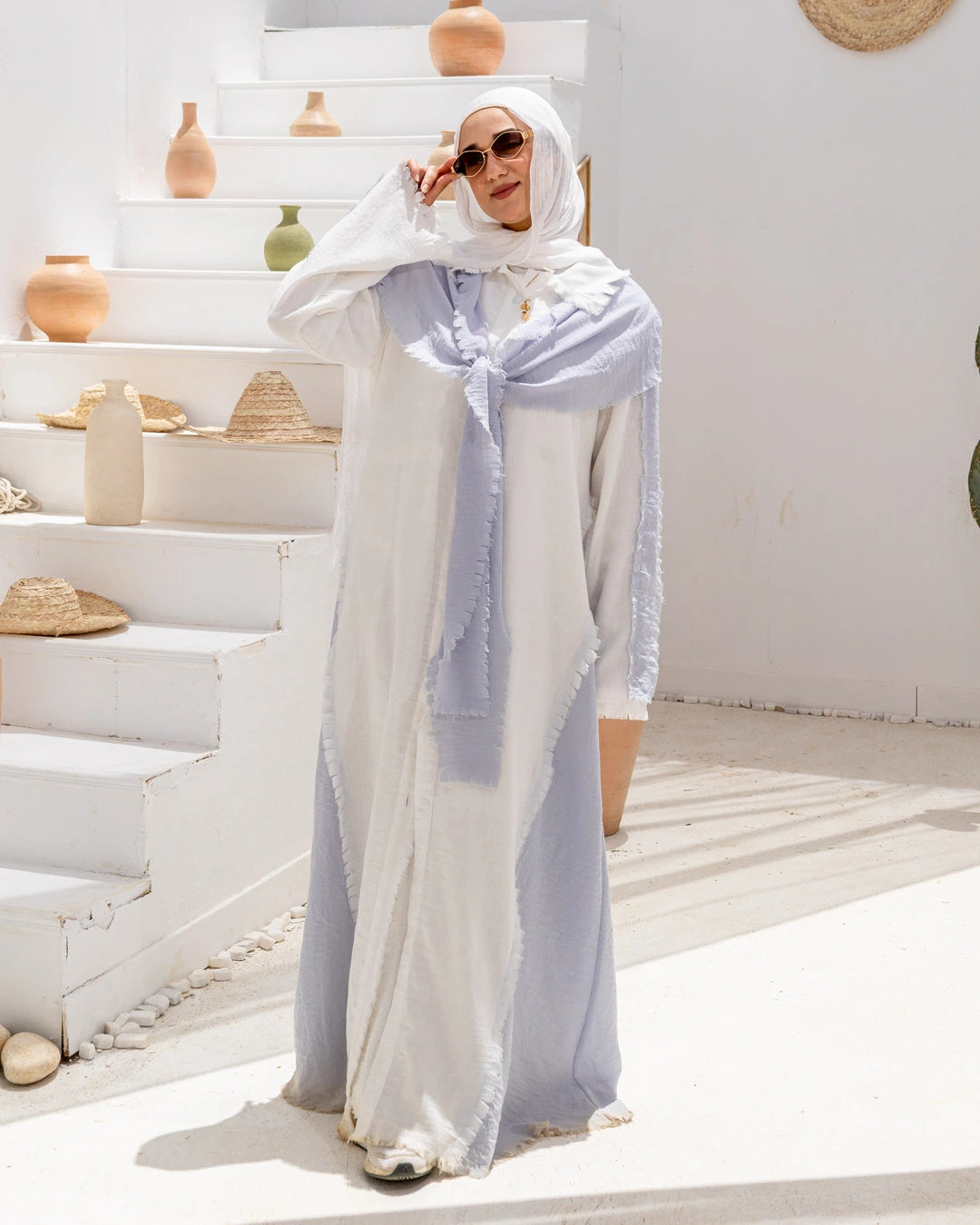 Long  Linen Shirt Dress With Scarf