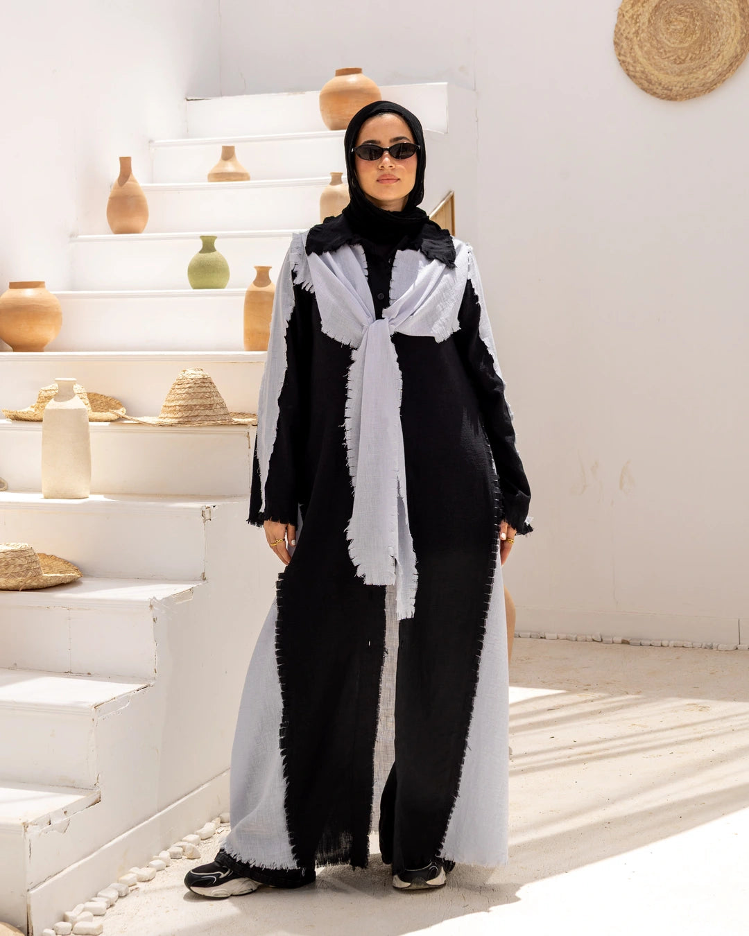 Long  Linen Shirt Dress With Scarf