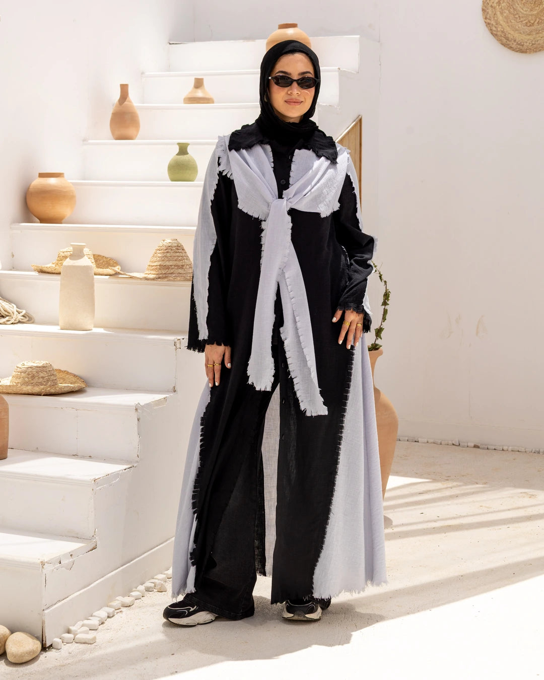 Long  Linen Shirt Dress With Scarf