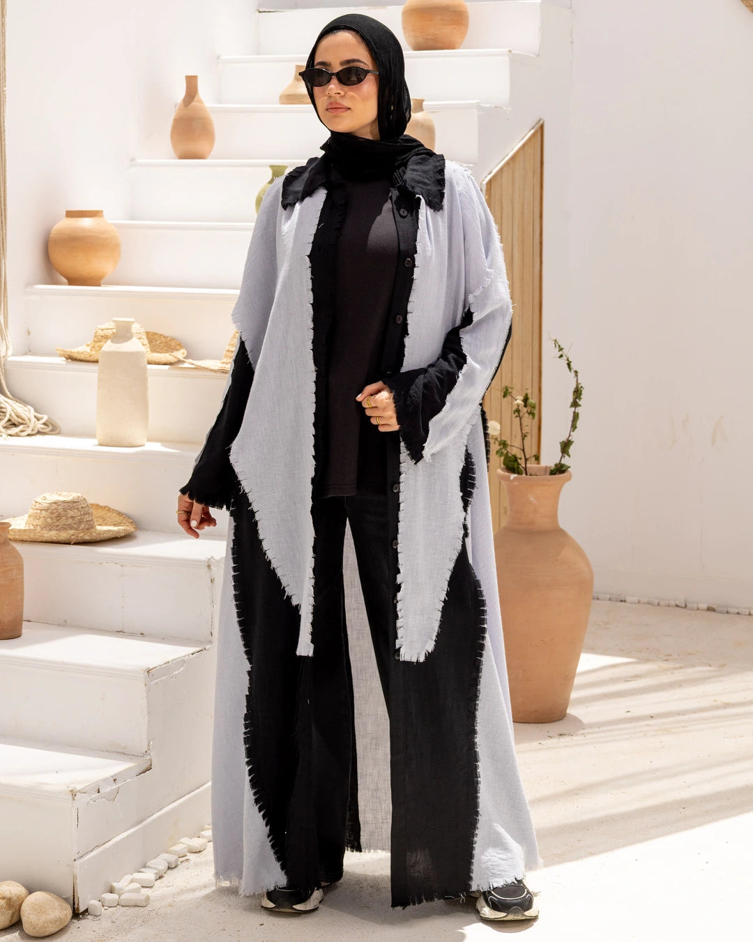 Long  Linen Shirt Dress With Scarf