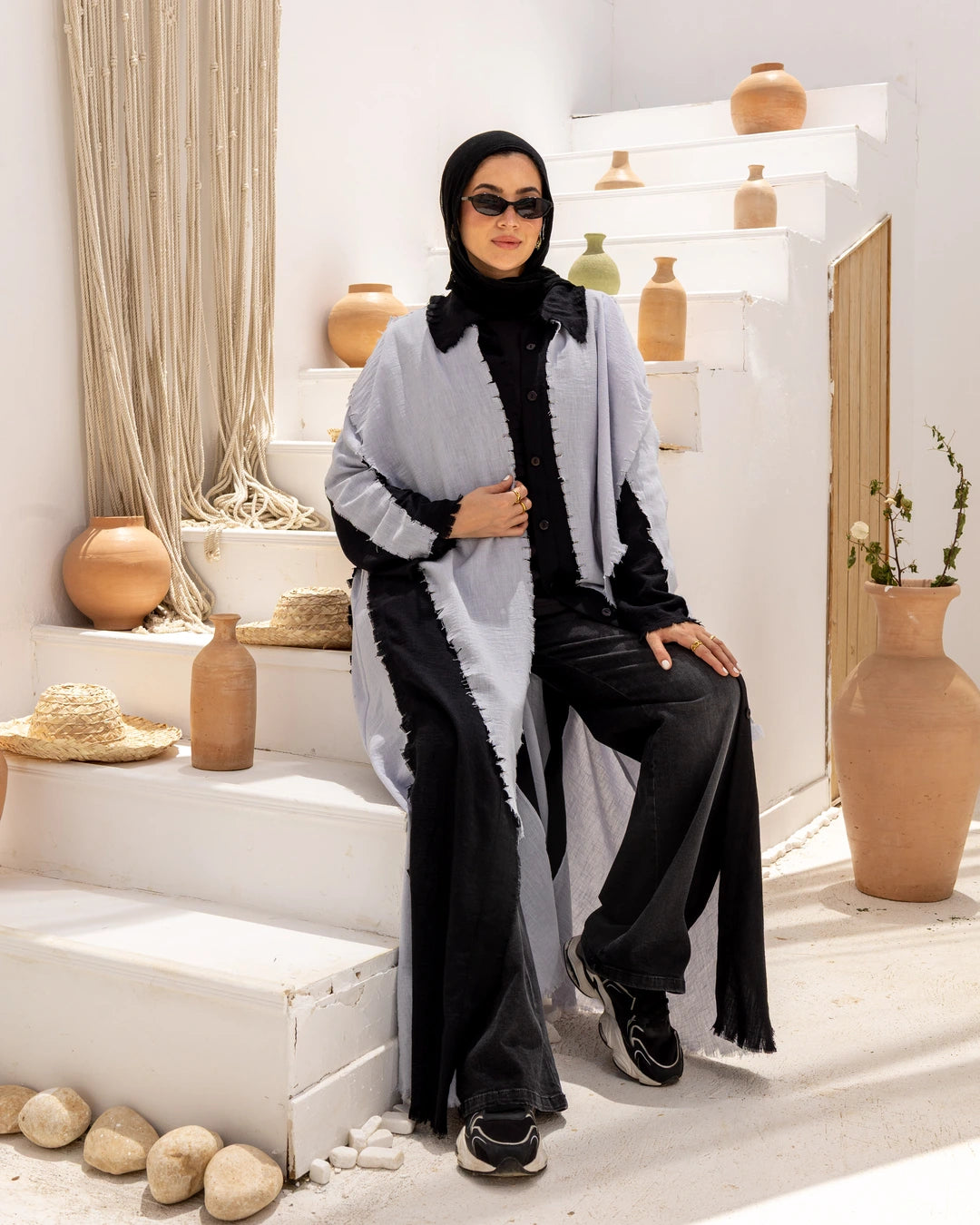 Long  Linen Shirt Dress With Scarf