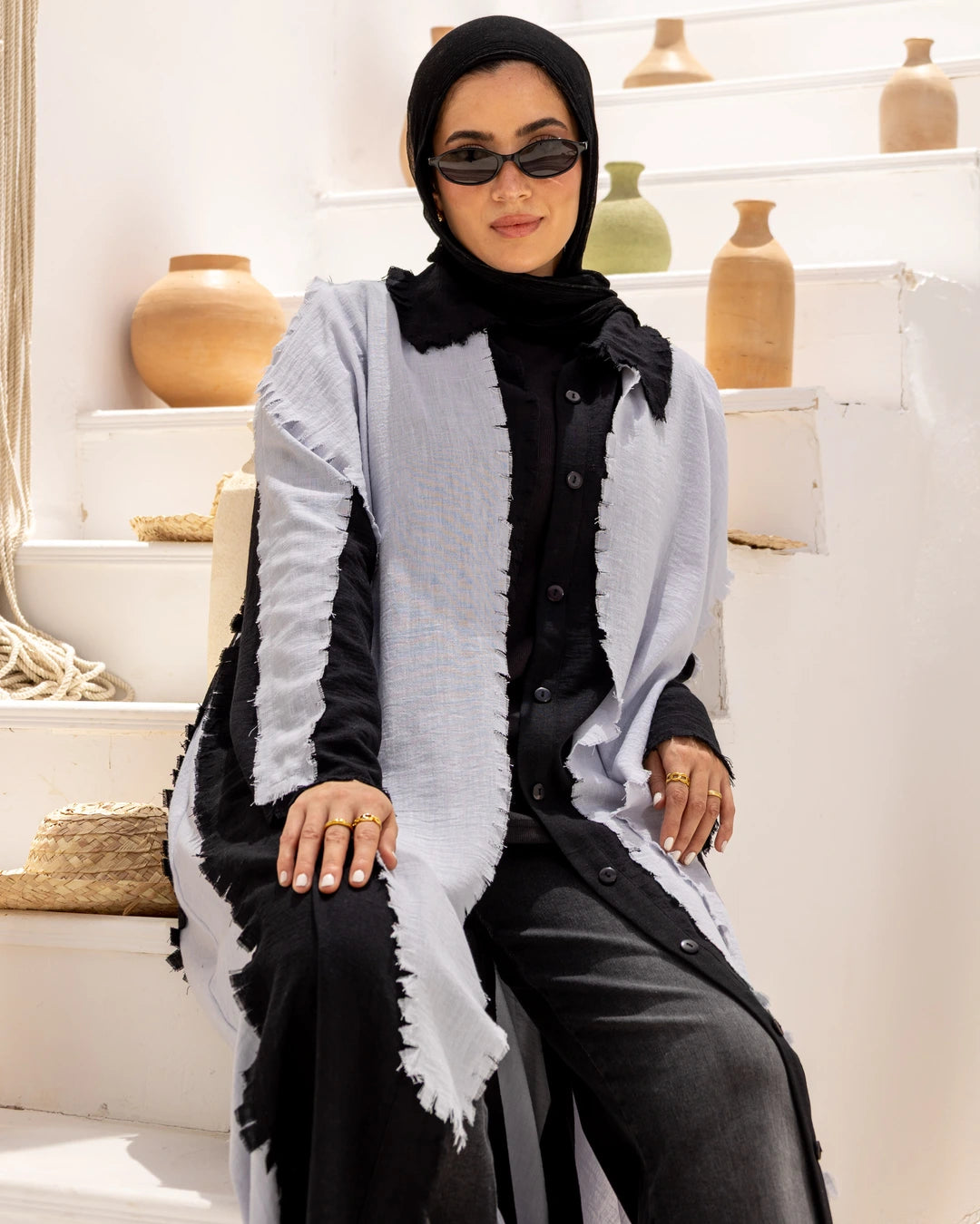 Long  Linen Shirt Dress With Scarf