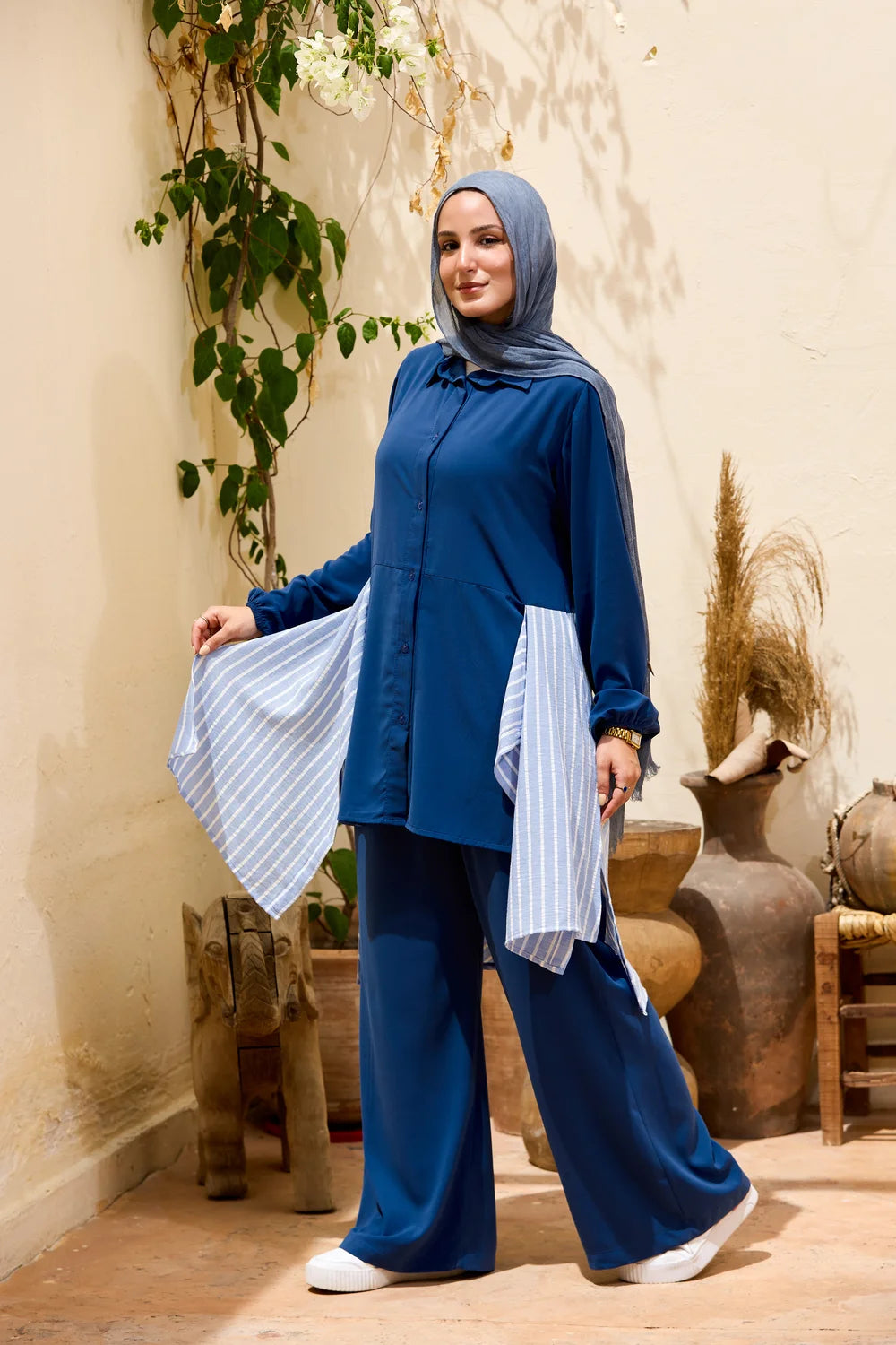 Layered Striped Top & Wide-Leg Trousers Co-ord Set