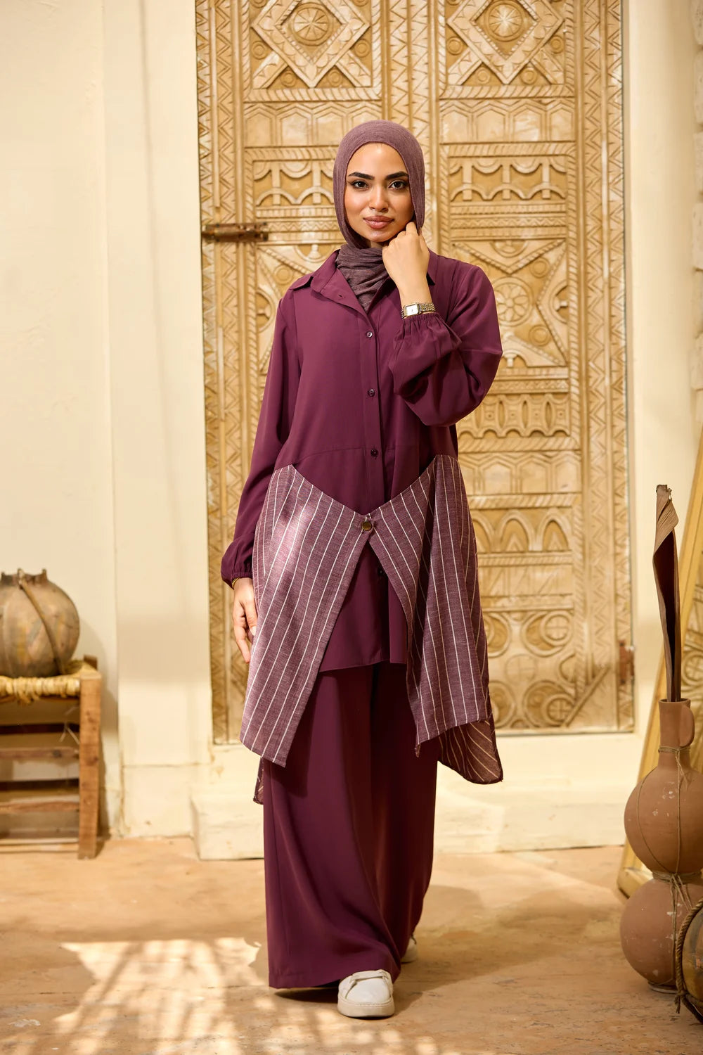 Layered Striped Top & Wide-Leg Trousers Co-ord Set