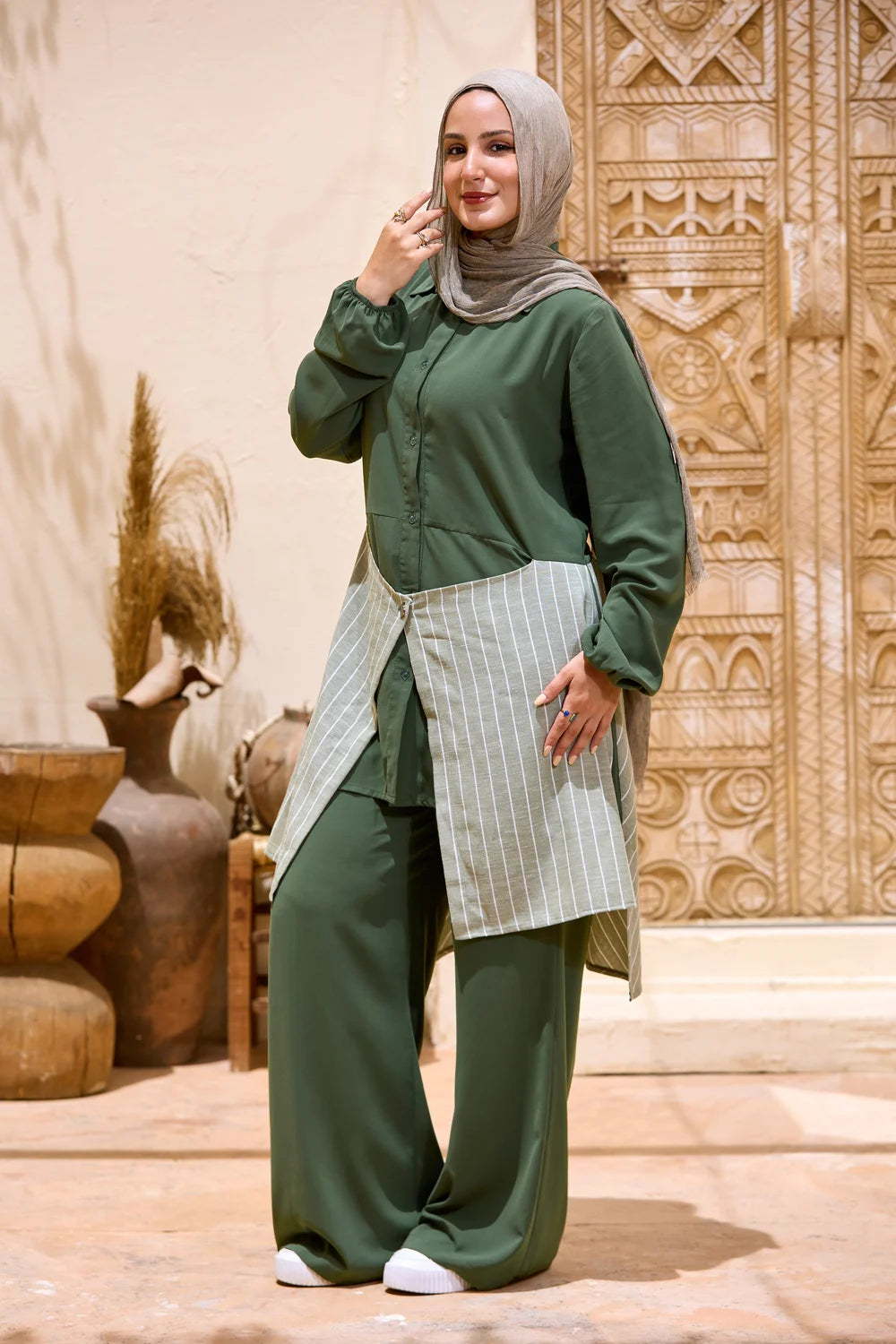 Layered Striped Top & Wide-Leg Trousers Co-ord Set
