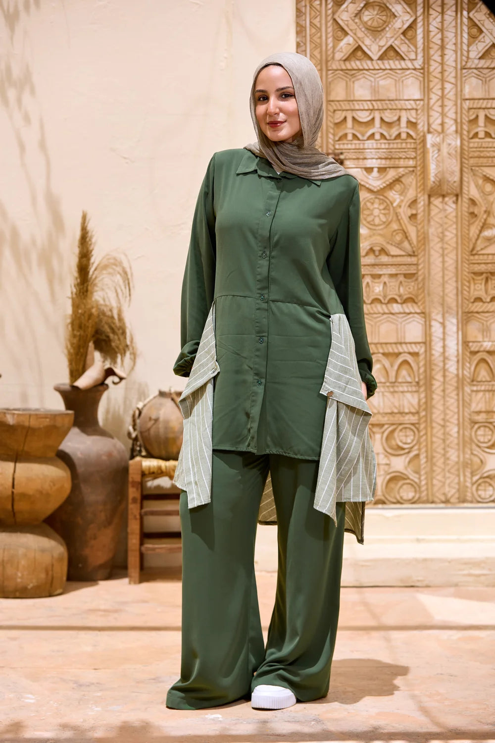 Layered Striped Top & Wide-Leg Trousers Co-ord Set
