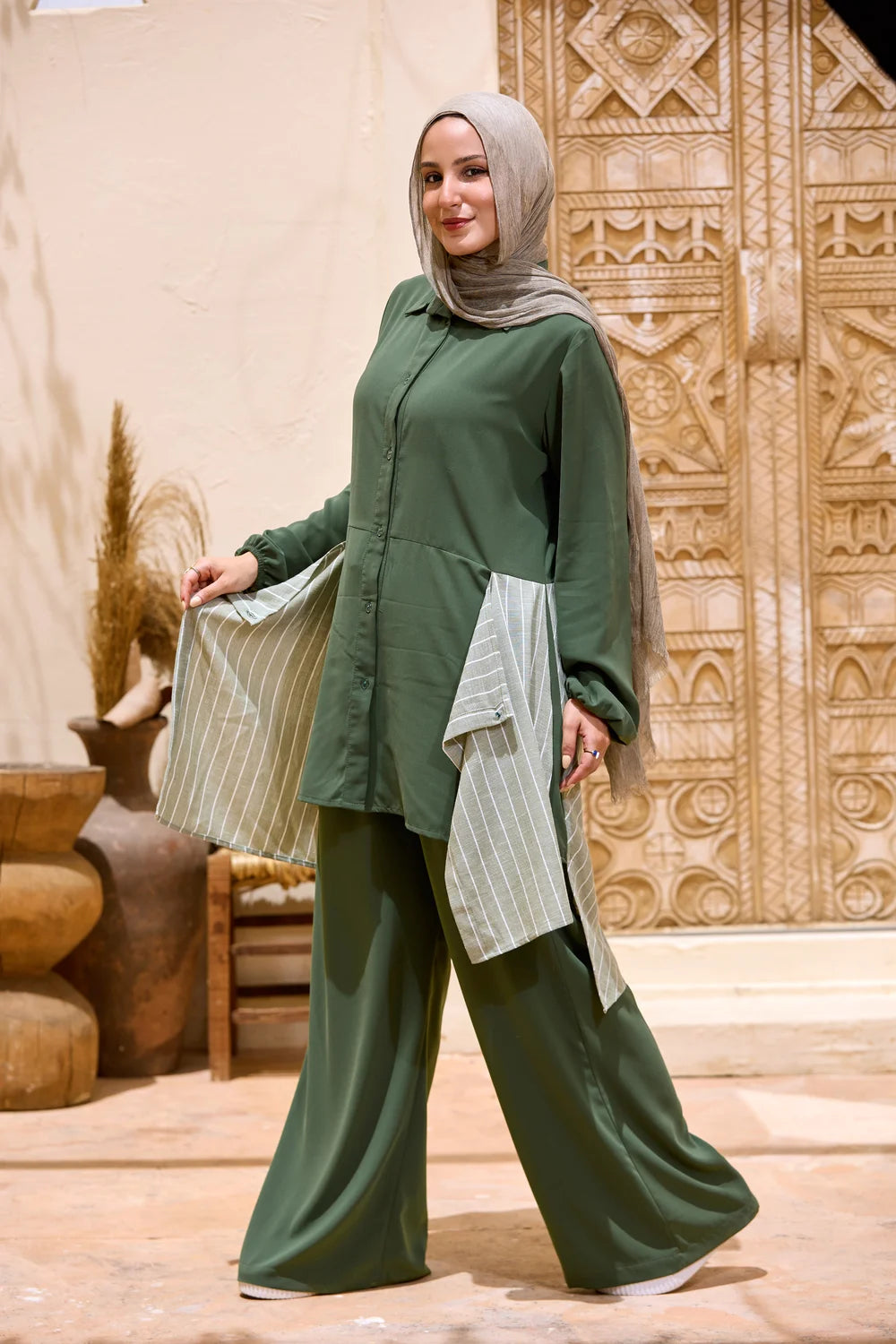Layered Striped Top & Wide-Leg Trousers Co-ord Set