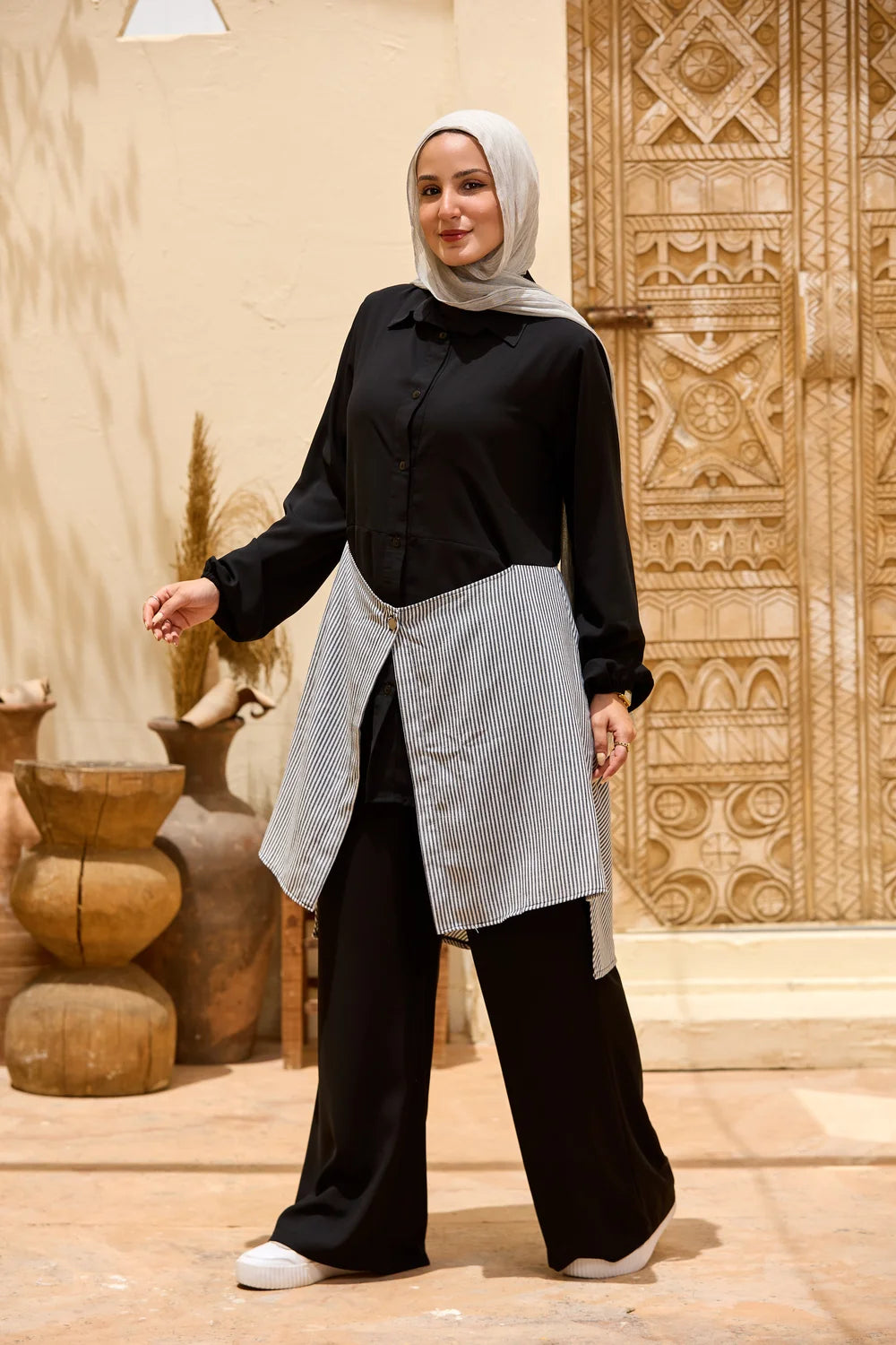 Layered Striped Top & Wide-Leg Trousers Co-ord Set